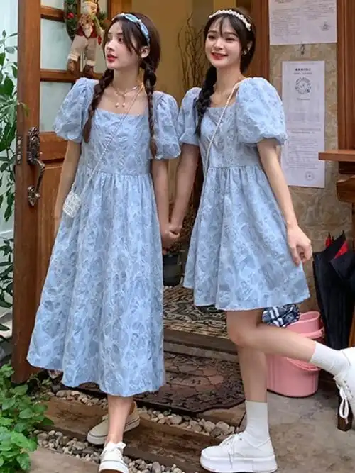 闺蜜装夏款长裙显瘦法式连衣裙超仙姐妹装修身气质显身材一长一短