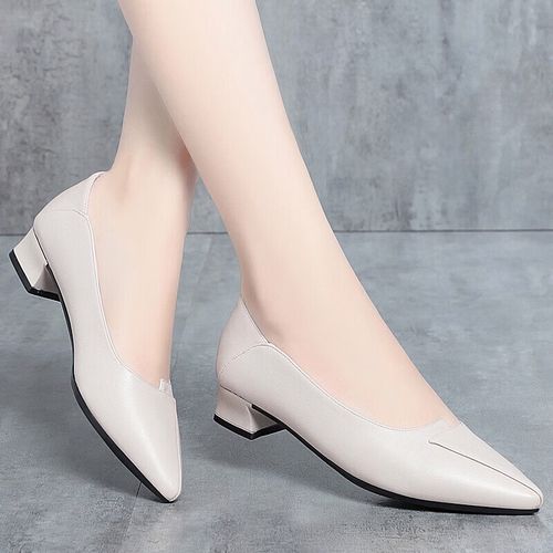 技茗2023春新款单鞋软皮软底舒适女款高跟妈妈鞋中跟女士皮鞋工作 米