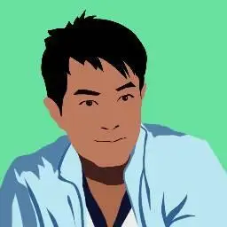 知趣竞猜图上有一个黑头发蓝衣服绿色背景的男人