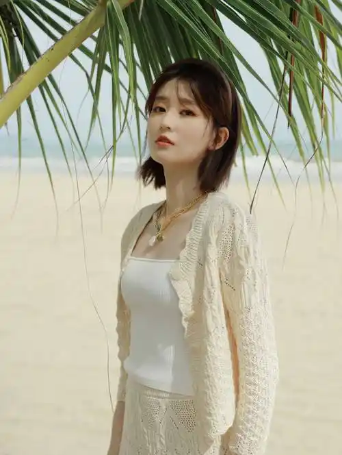 乔欣白色毛衣套装海边优雅写真