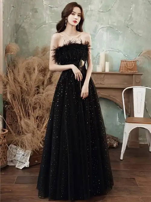 黑色晚礼服女2021新款宴会气场名媛气质女王主持人抹胸蓬蓬裙仙气