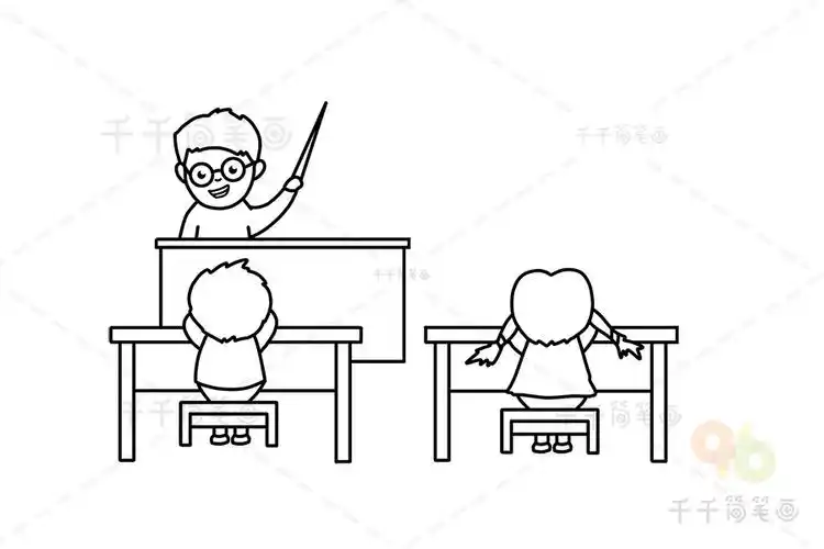 教室场景简笔画上课的老师与孩子们