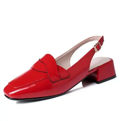 tiauny2020新款中跟包头一字扣凉鞋女夏季方头低跟红色漆皮粗跟后空单