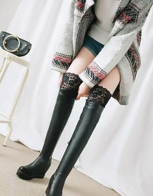 热卖过膝长靴女长筒靴子2019秋冬季新款内增高厚底白色网红蕾丝瘦瘦靴