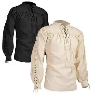 中世纪复古熟男哥特式立领绑带长袖文艺复兴衬衫宫廷话剧战士衬衣