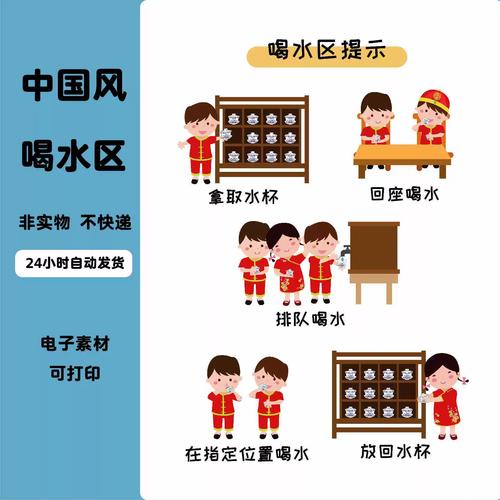 a143幼儿园中国风红色主题环创喝水区提示喝水流程我会喝水素材