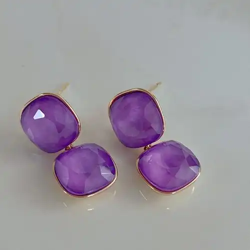 复古港风时髦浓情紫色几何方形闪耀切面水晶镀金925银针耳钉耳环