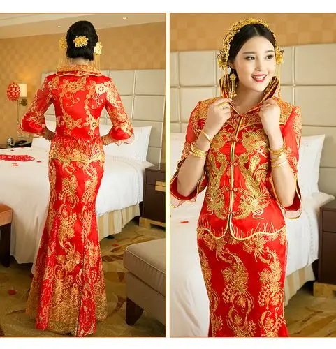 新娘结婚小凤仙旗袍2017新款敬酒服中式嫁衣秀禾服龙凤褂长款长袖