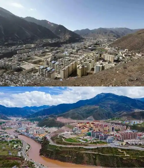 拼版照片:上图是2009年3月15日拍摄的昌都(新华社记者 普布扎西 摄)