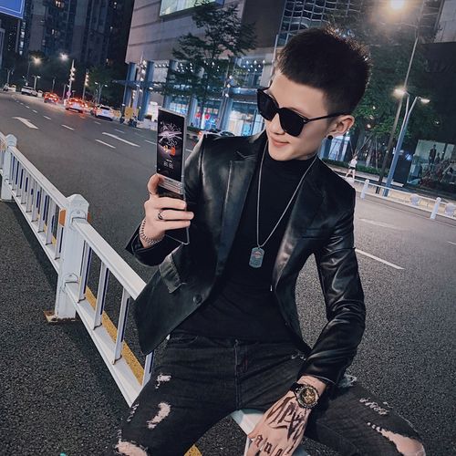 社会小伙休闲西装男韩版修身皮衣潮流痞帅社会人皮西服发型师外套