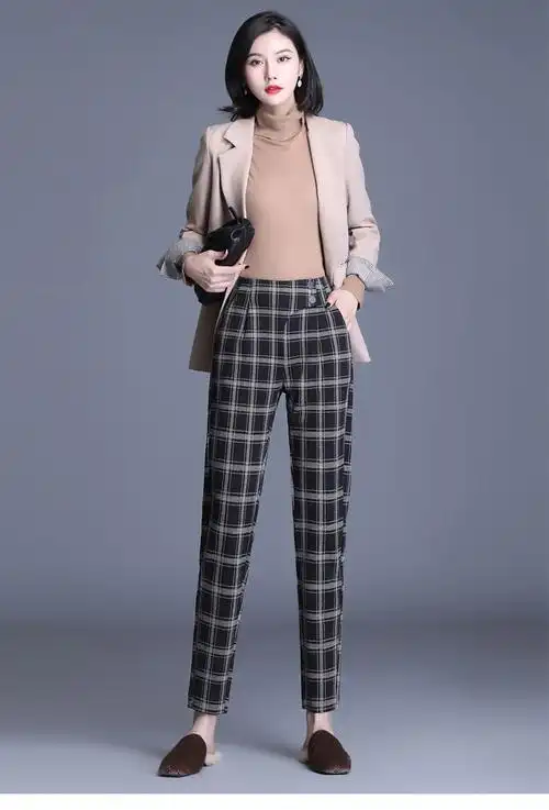 【品牌直营】 逸入阳 增至 毛呢裤子女秋冬英伦风格子裤高腰显瘦呢子