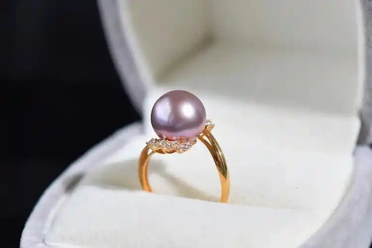 14k纯金厚金镶嵌纯天然香芋紫珍珠戒指