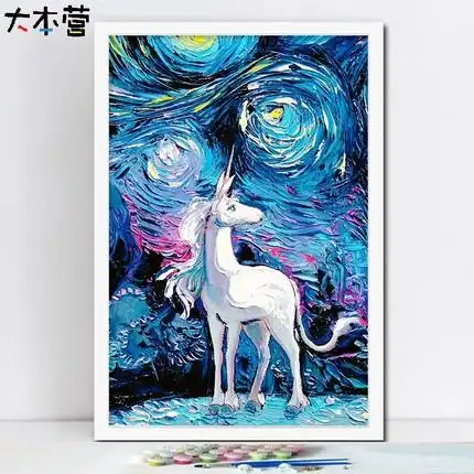 唯美治愈小清新星空独角兽油彩画