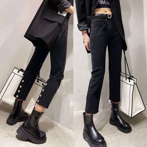 大码mm高腰九分牛仔裤女靴2020秋冬新款学生牛仔裤