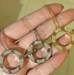 18k玫瑰金卡地亚大饼项链love满钻三钻双环小饼经典款锁骨链女