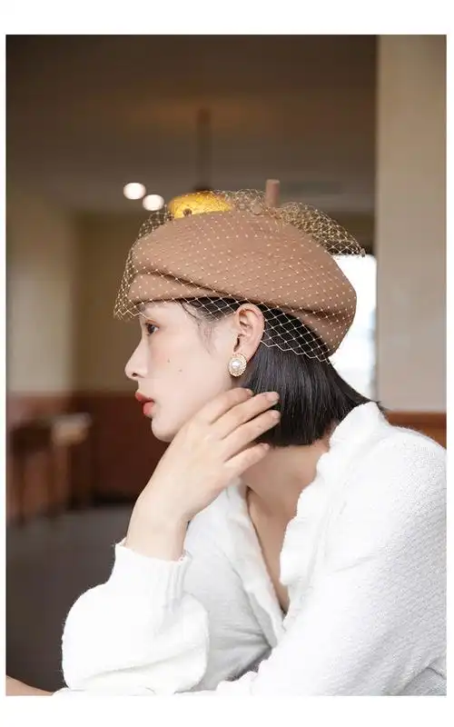 玛芮百利mauropoli秋冬法式礼帽女羊毛呢毡帽英伦复古网纱贝雷帽女士