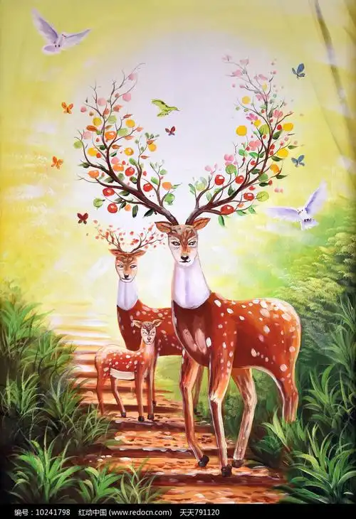 高清手绘梅花鹿油画玄关图片_背景墙|装饰画_编号10241798_红动中国