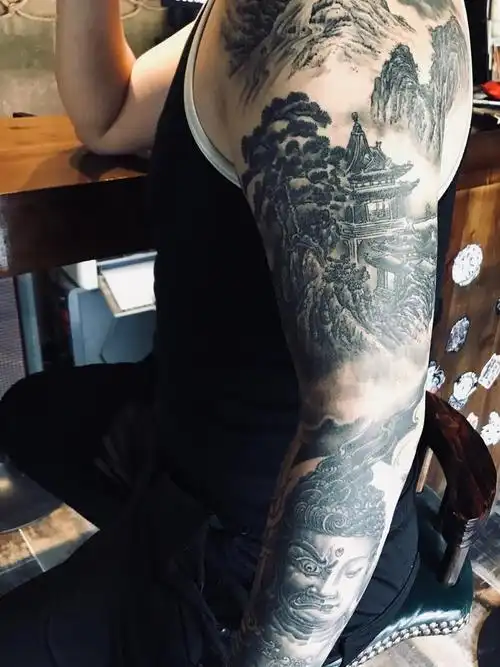 传统山水花臂_纹身图案手稿图片_孙建伟的纹身作品集