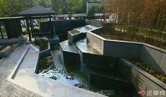 跌水池,跌水景观,景观水池,凉亭,地面铺装