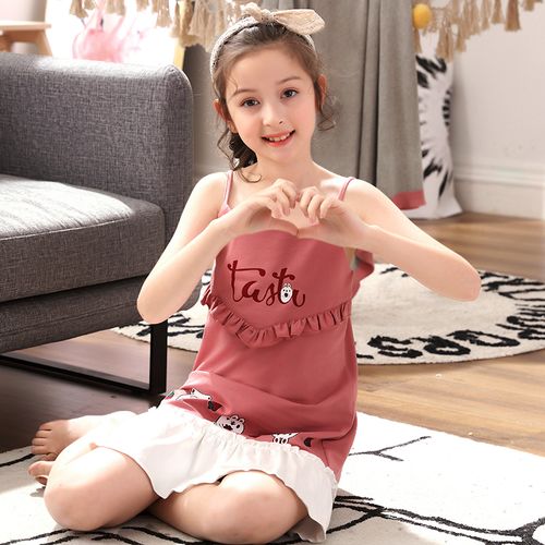 儿童睡衣女童吊带睡裙夏季女孩中大童连衣裙短袖女生韩版家居服薄