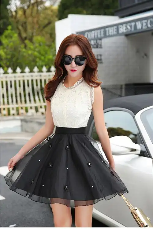 夏季新款女装时尚修身蕾丝拼接欧根纱钉珠连衣裙-815 花色 xxl