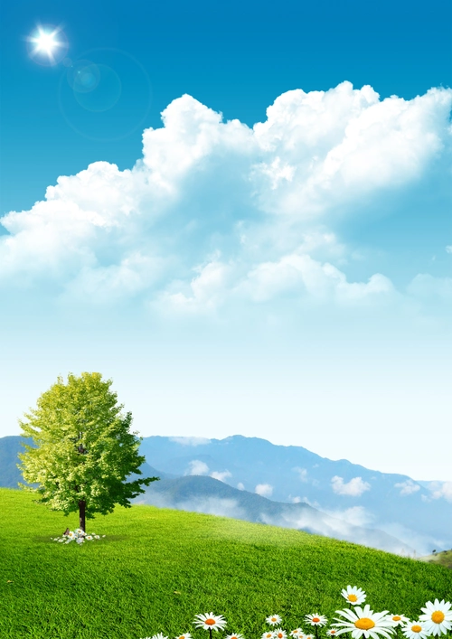 蓝天白云草地大树风景背景素材