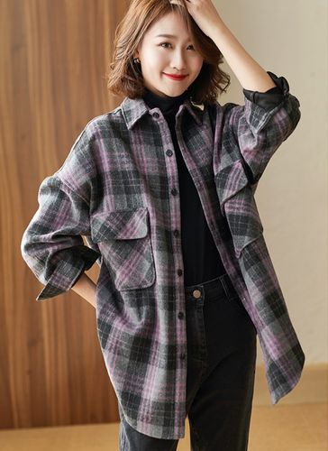 九月陌墨 秋冬新款方领衬衣韩版宽松大码加厚磨毛长袖格子衬衫女衬衫