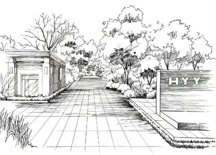 钢笔景观手绘速写线稿作品