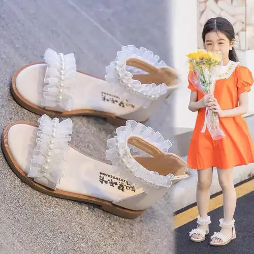 女童凉鞋夏新款百搭凉鞋中大童软底时尚公主凉鞋小女孩凉鞋潮米白色28