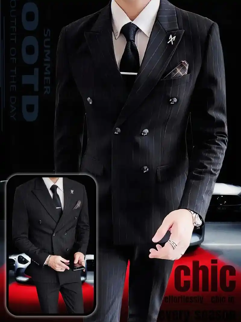 英伦绅士条纹双排扣西装套!