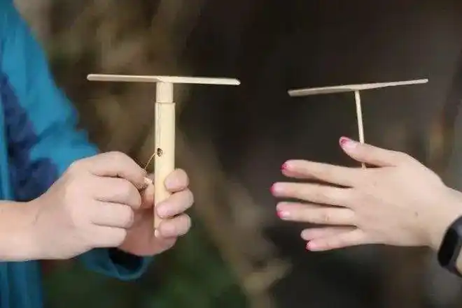 3,竹蜻蜓:竹蜻蜓是中国民间古老的儿童玩具,其外形呈t字形,横的一片像