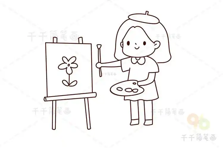 绘画的女孩简笔画