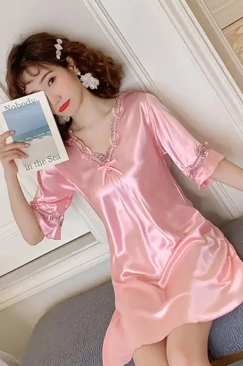 睡衣女夏季韩版短袖仿真丝丝绸甜美休闲性感薄款冰丝家居服睡裙