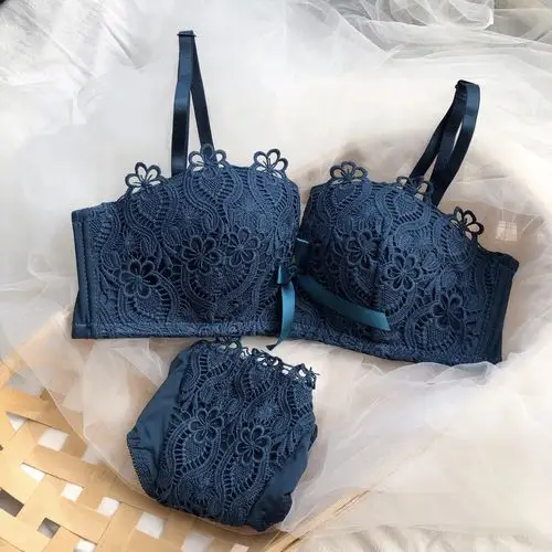 实拍实价 性感无钢圈蕾丝半杯四角杯镂空美背聚拢文胸女内衣套装