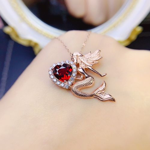 美人鱼吊坠～925银镀玫瑰金天然石榴石吊坠  心8mm爱心款