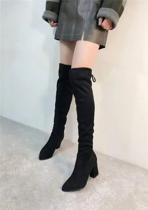 2017冬季新款韩版加绒过膝长靴高跟长筒靴弹力靴高筒女靴棉靴女鞋