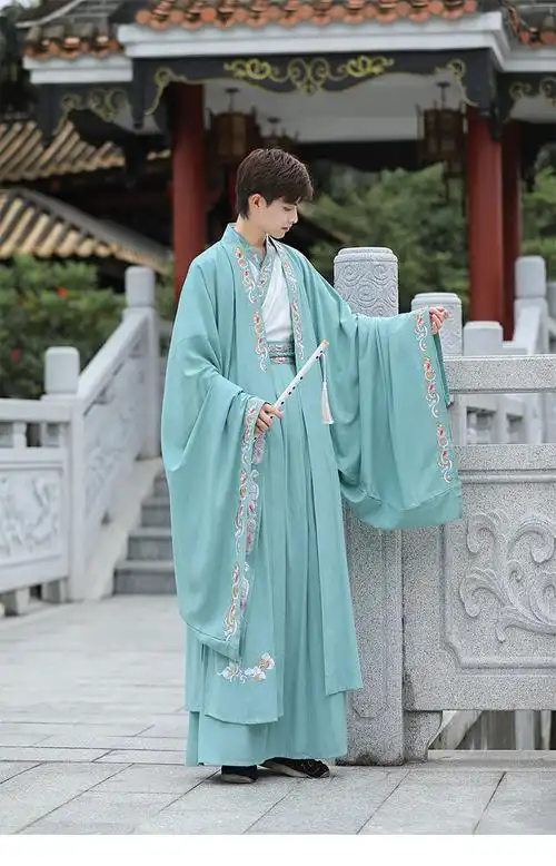 汉服男装古装长袍成人中国风男士儒雅仙气书生绣花魏晋风书生大袖衫三