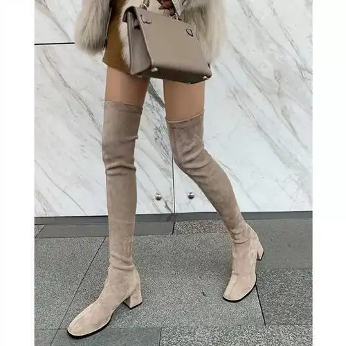 长靴女过膝黑色粗粗腿长筒力靴方头跟中跟弹瘦腿14243大码4高筒