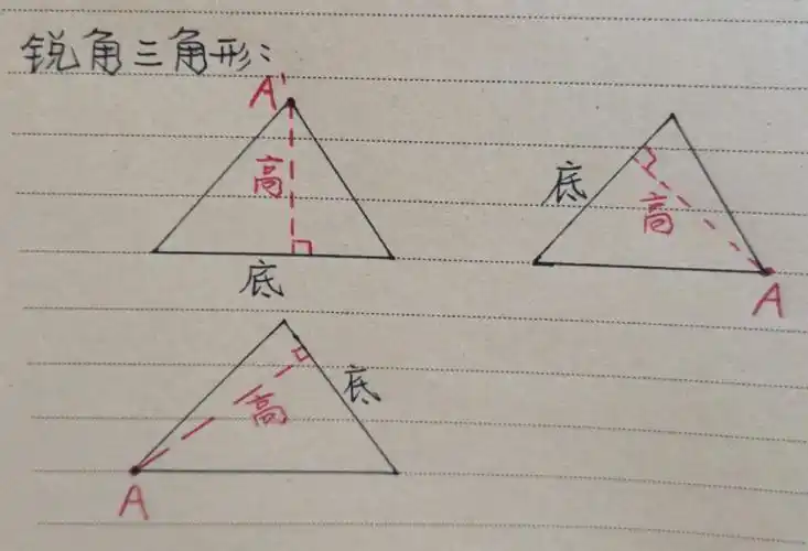 关键点在于找到对应底的顶点,然后做高#四年级下册三种三角形高的画法