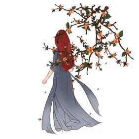 春天花枝蓝裙子美女背影