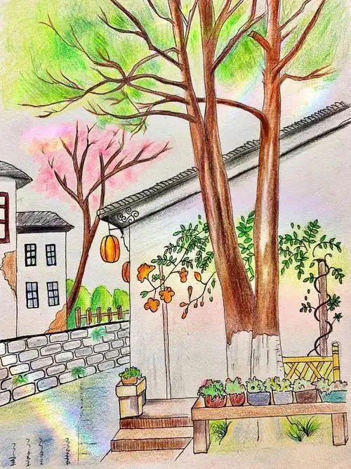 映出温暖的人间烟火临摹自:@胖大妈#彩铅临摹  #简笔画  #江南小镇