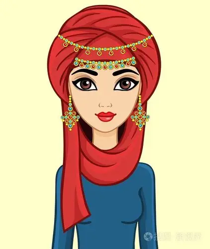 动画阿拉伯女孩在头巾和黄金珠宝隔离.