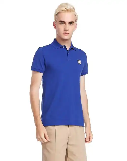 深蓝色休闲舒适半开襟短袖t恤