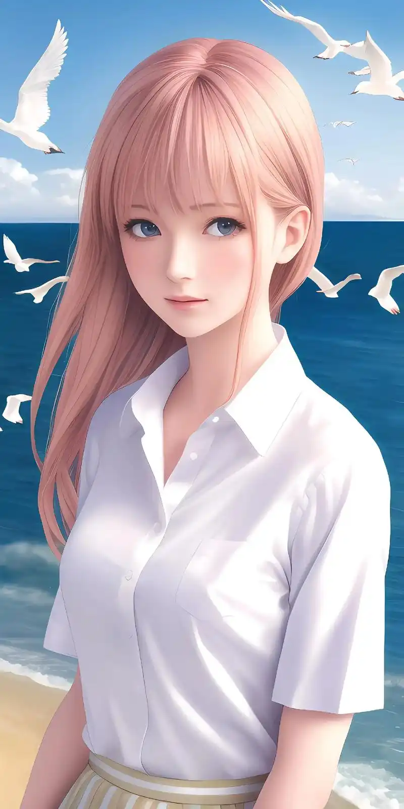 海边的白色衬衫少女壁纸#美女壁纸  - 抖音