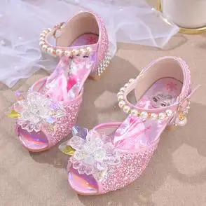 爱莎2024新款夏季女童凉鞋儿童公主鞋高跟卡通网红冰雪奇缘凉鞋