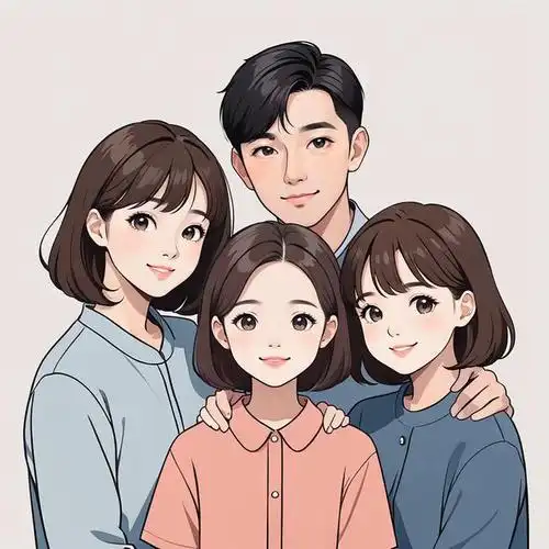 亲子头像|四口之家两个女儿手绘创意头像