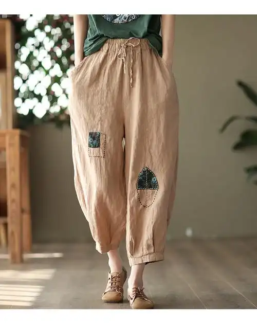 外贸法国单夏季复古贴布棉麻裤大码女裤休闲萝卜裤胖mm亚麻哈伦