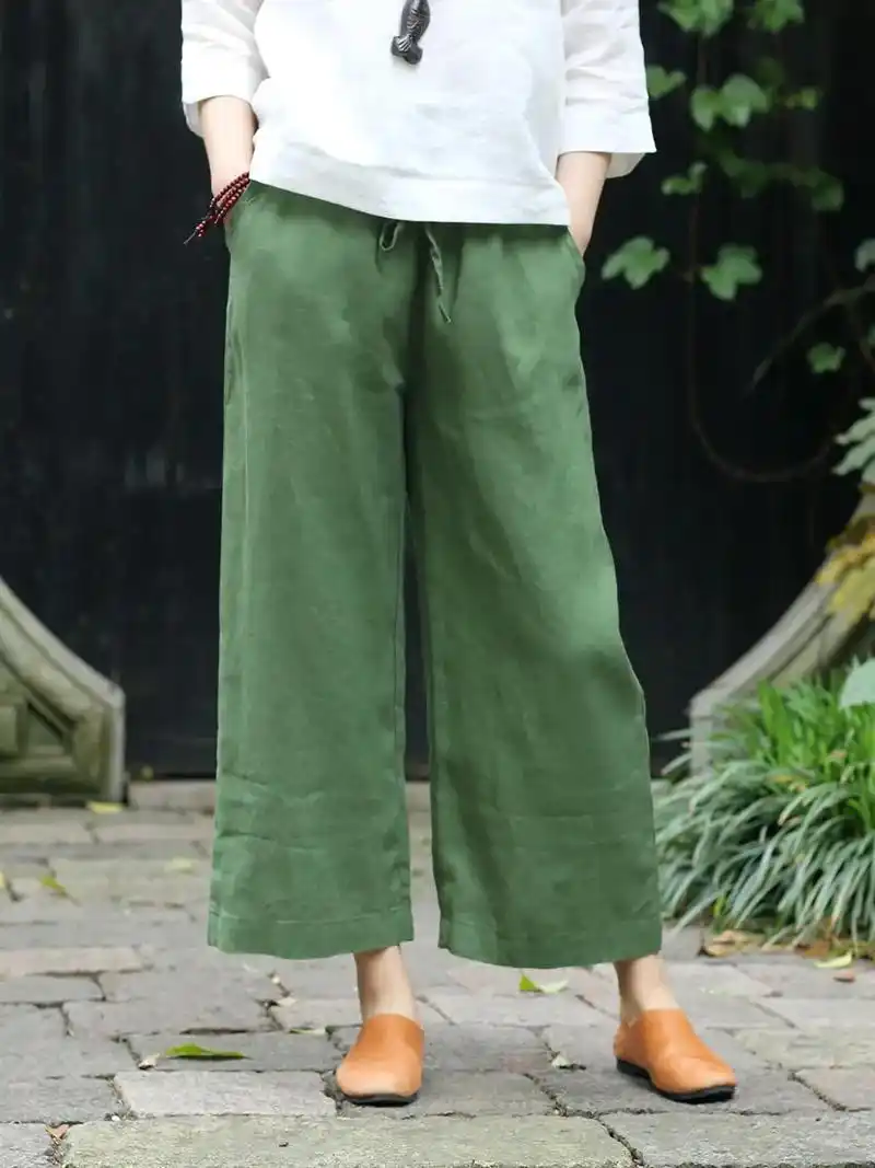 文艺复古亚麻裤子九分裤直筒裤休闲裤棉阔腿