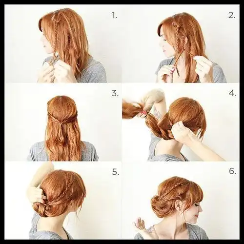 再把全头的头发编成辫子的形状,将发尾往回扭转成发髻,最后用小黑夹