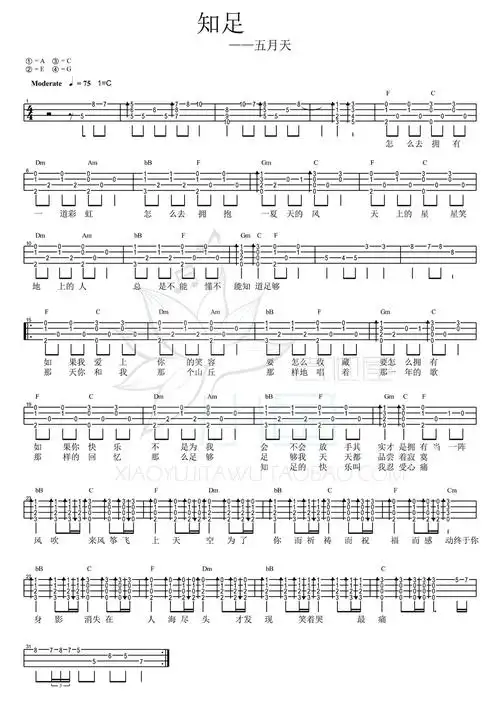 知足尤克里里谱弹唱版c调六线谱精选版五月天